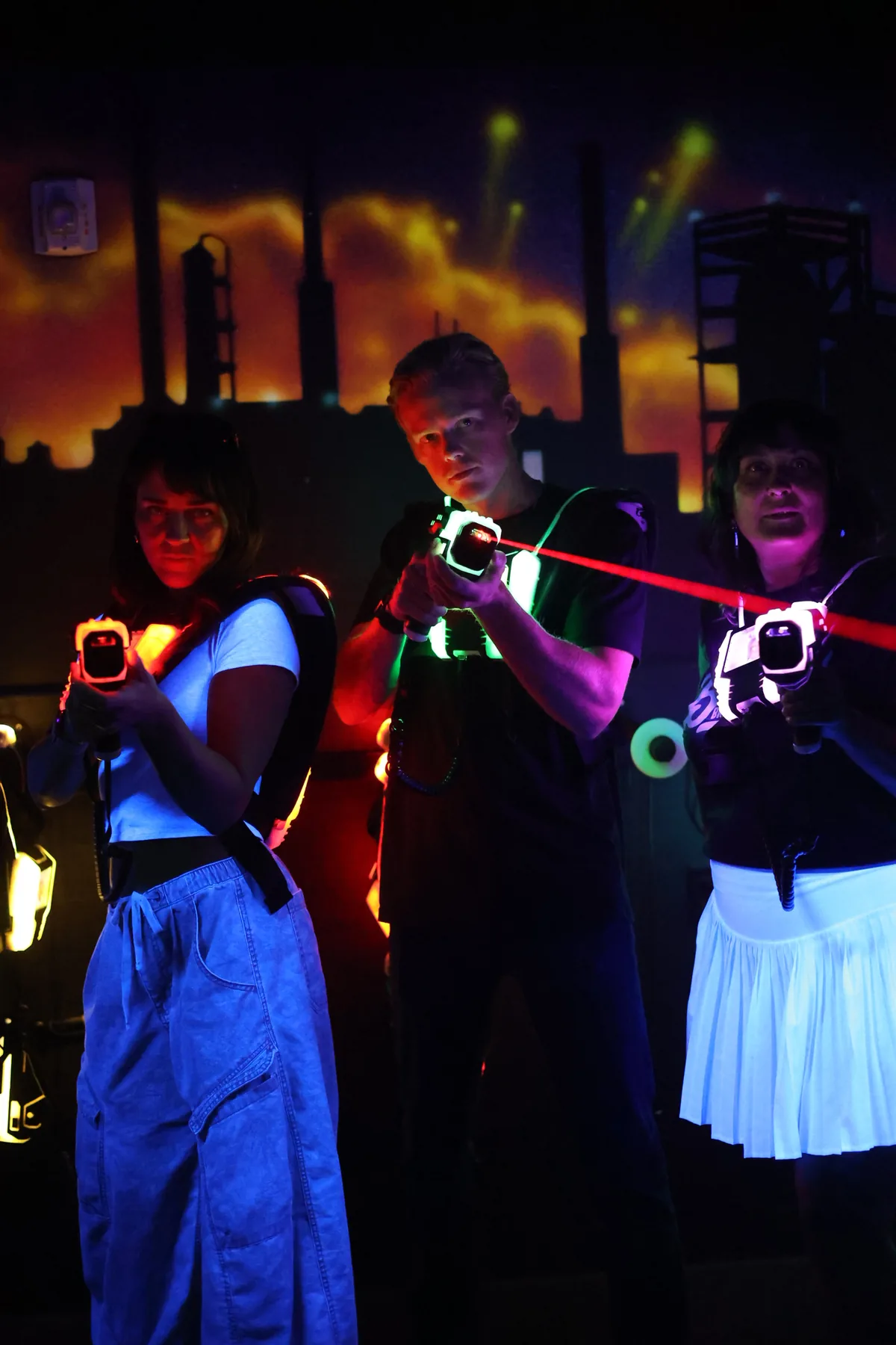 Players in the two-story laser tag arena at Brickopolis in Bricktown