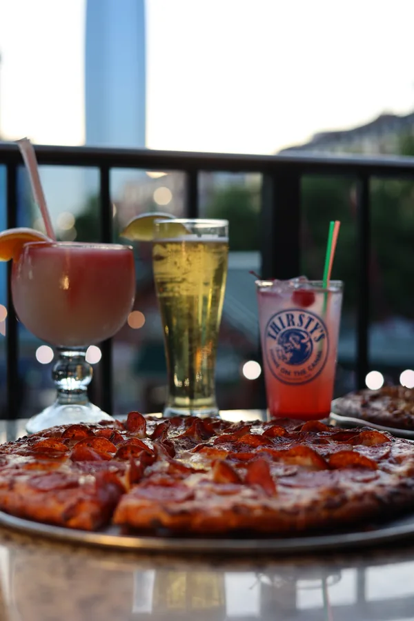 Drinks and food on the Thirsty's patio overlooking the Bricktown Canal