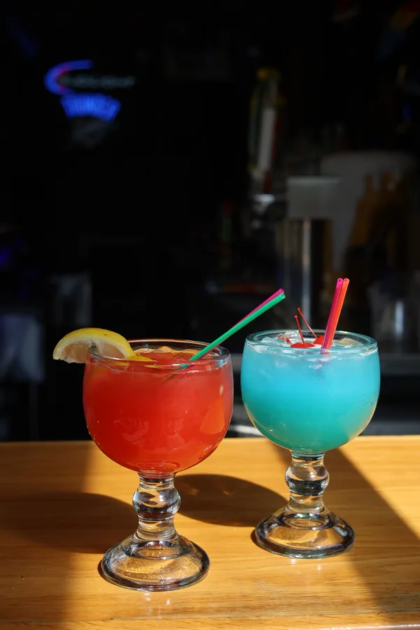 Two frozen margaritas on the bar at Thirsty's Dockside Bar