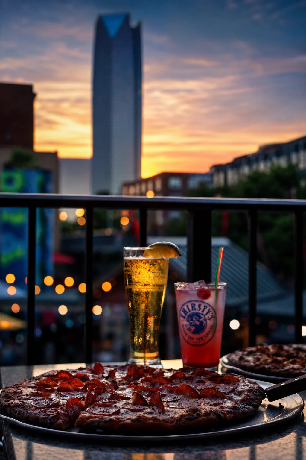 A cold beer and a cocktail on the patio rail at sunset over the Bricktown Canal