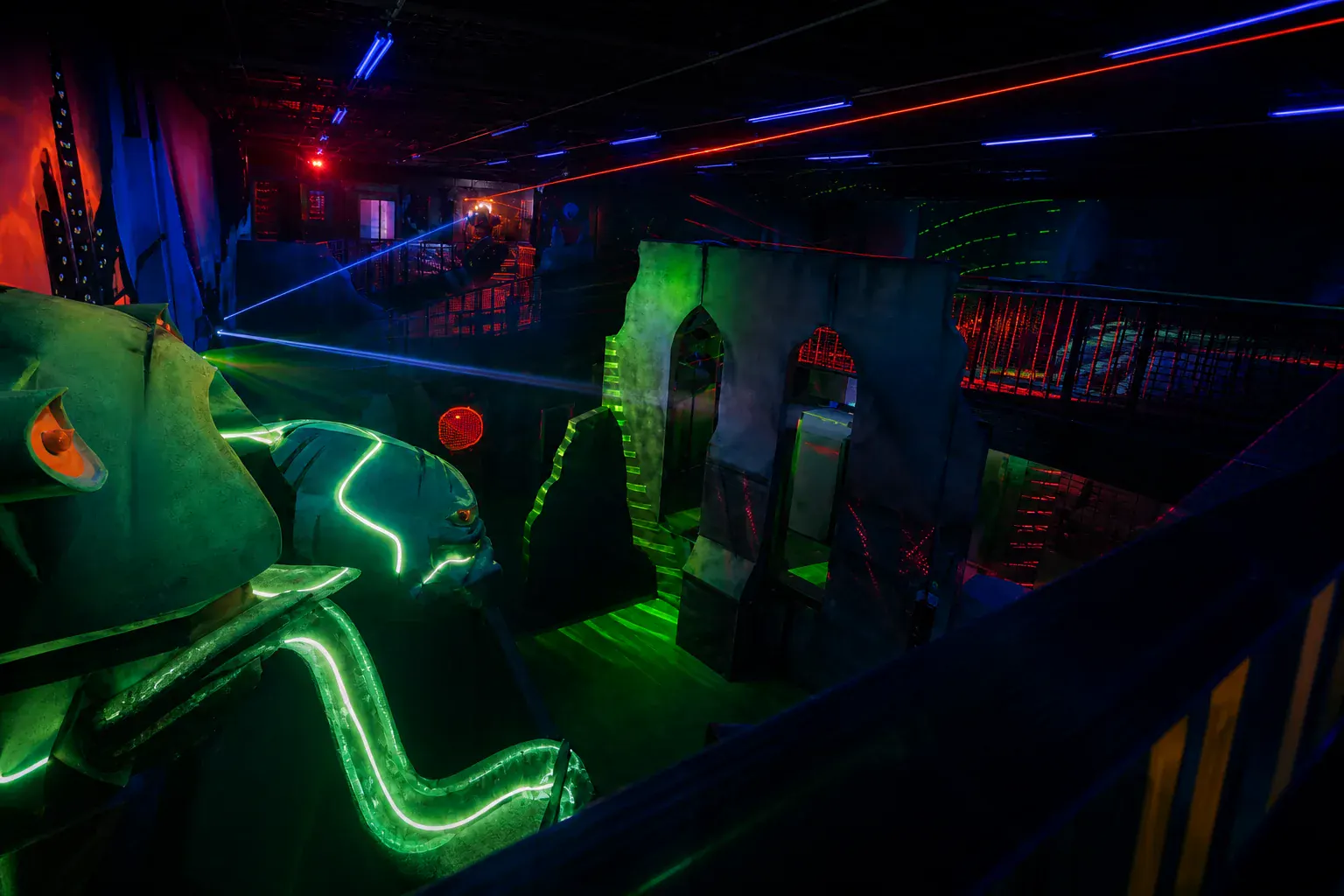 Players inside the Brickopolis laser tag arena